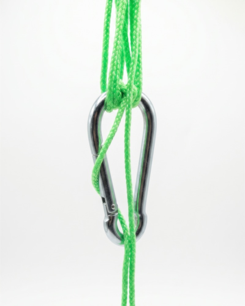 Close material detail of cord and carabiner hardware.