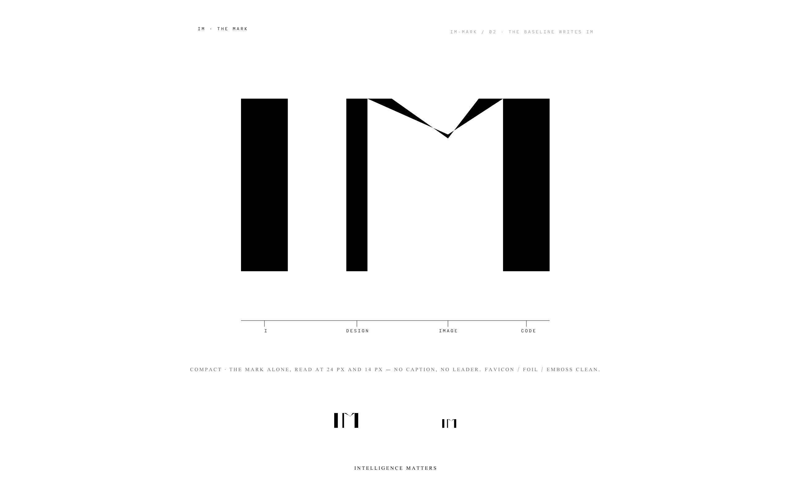 The IM mark as a system specimen — the baseline ruler reads the mark against DESIGN, IMAGE, and CODE; below, the mark held clean at 24 px and 14 px