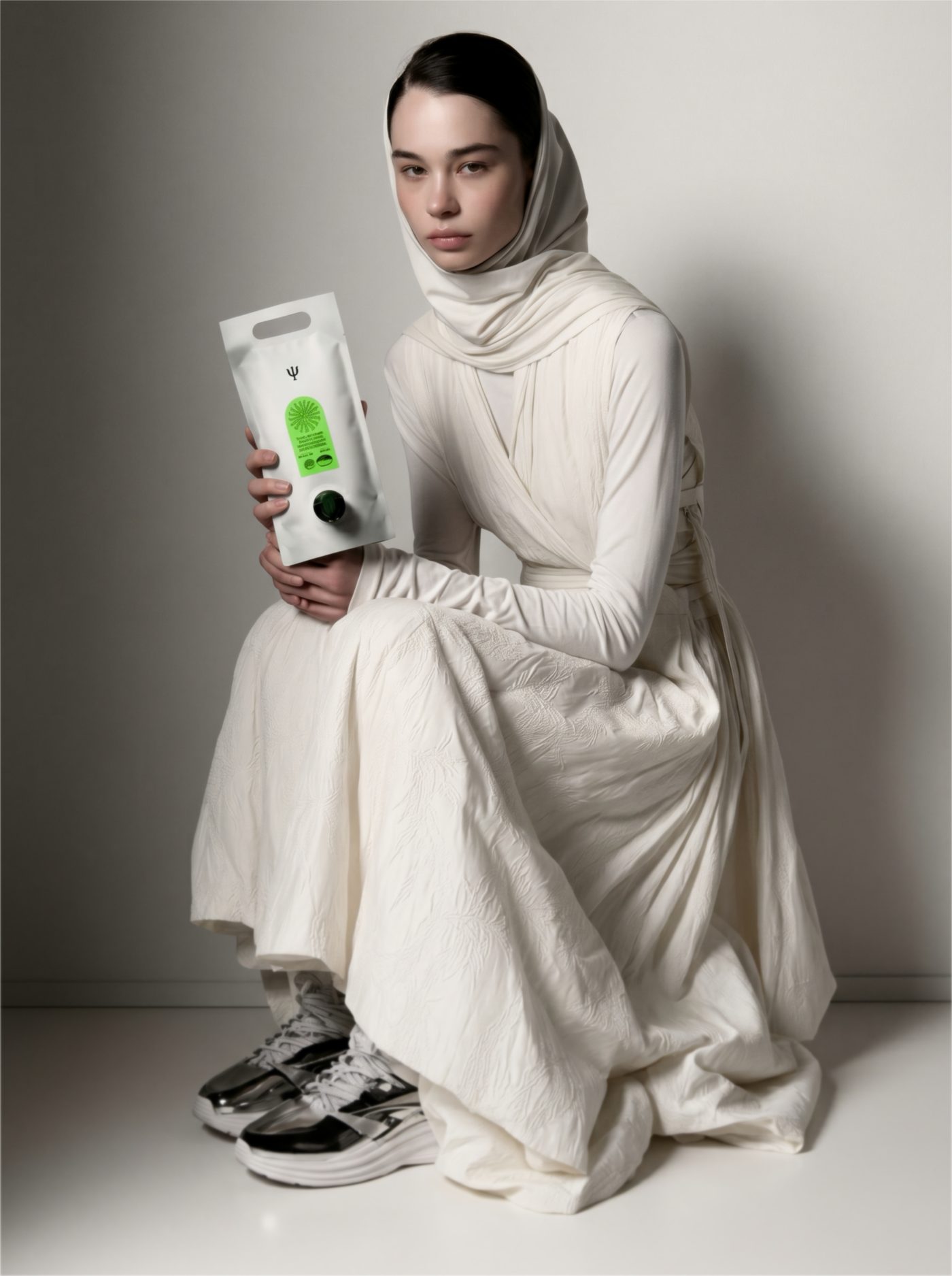 Psyche — a commissioned campaign: a figure in cream drape holding the Psyche pouch with the psi mark, silver sneakers