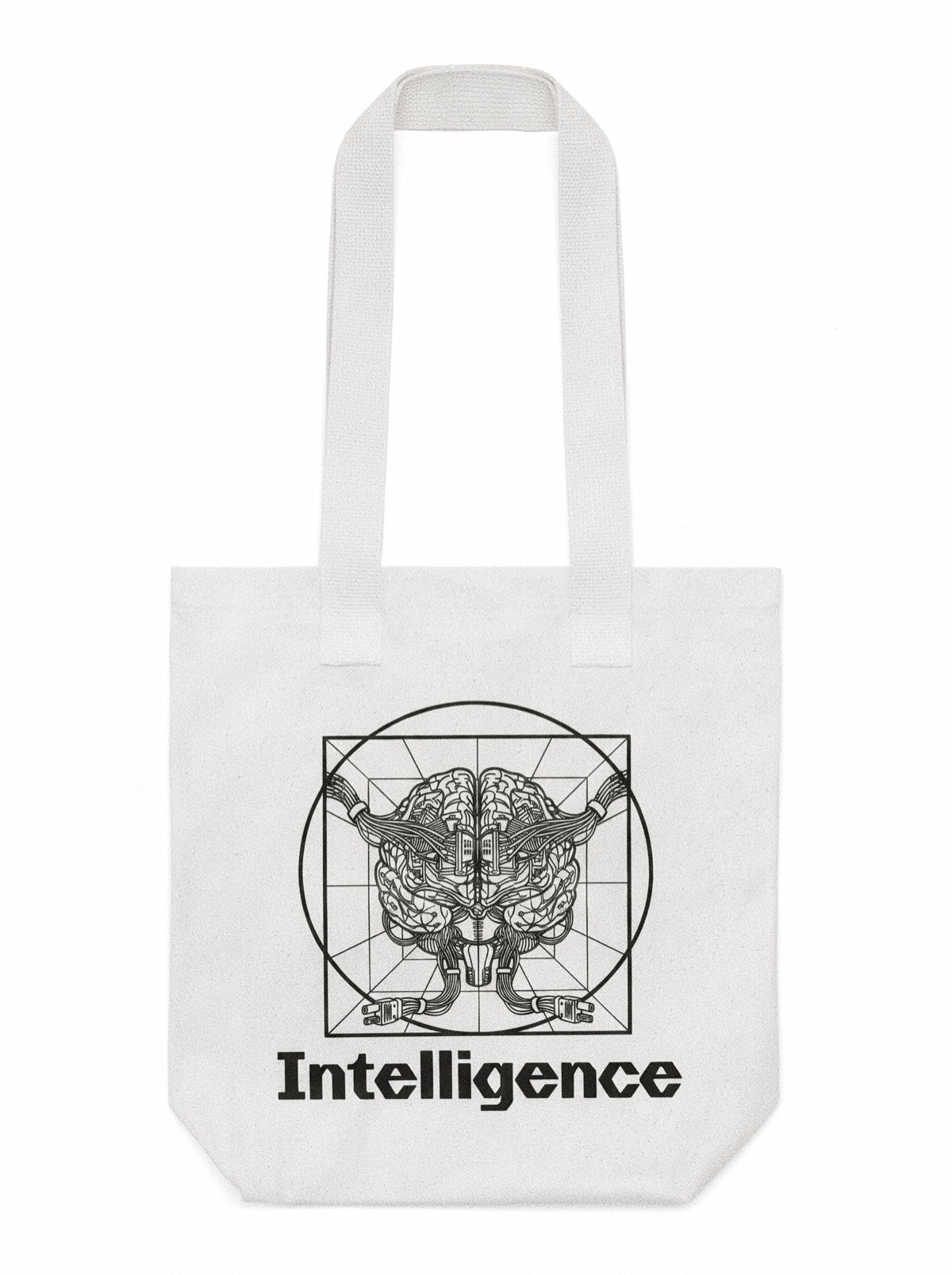 A white cotton canvas tote, flat on white, printed with a line-drawn brain inside a circle and square, cables running out to two plugs, the word Intelligence set beneath