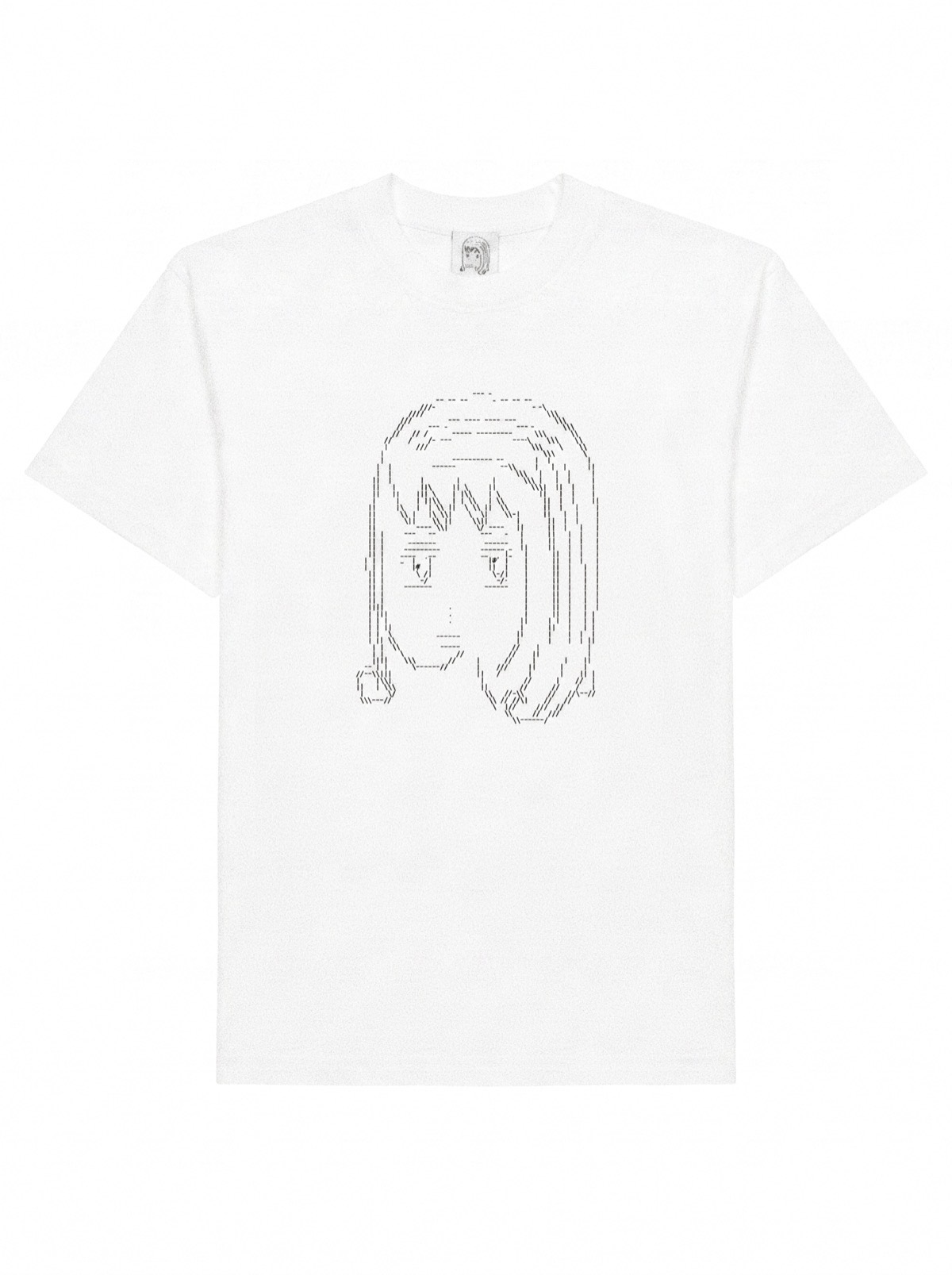 A white heavy-cotton t-shirt, flat on white, carrying a face drawn in keyboard characters at the chest and the same face on the woven neck label