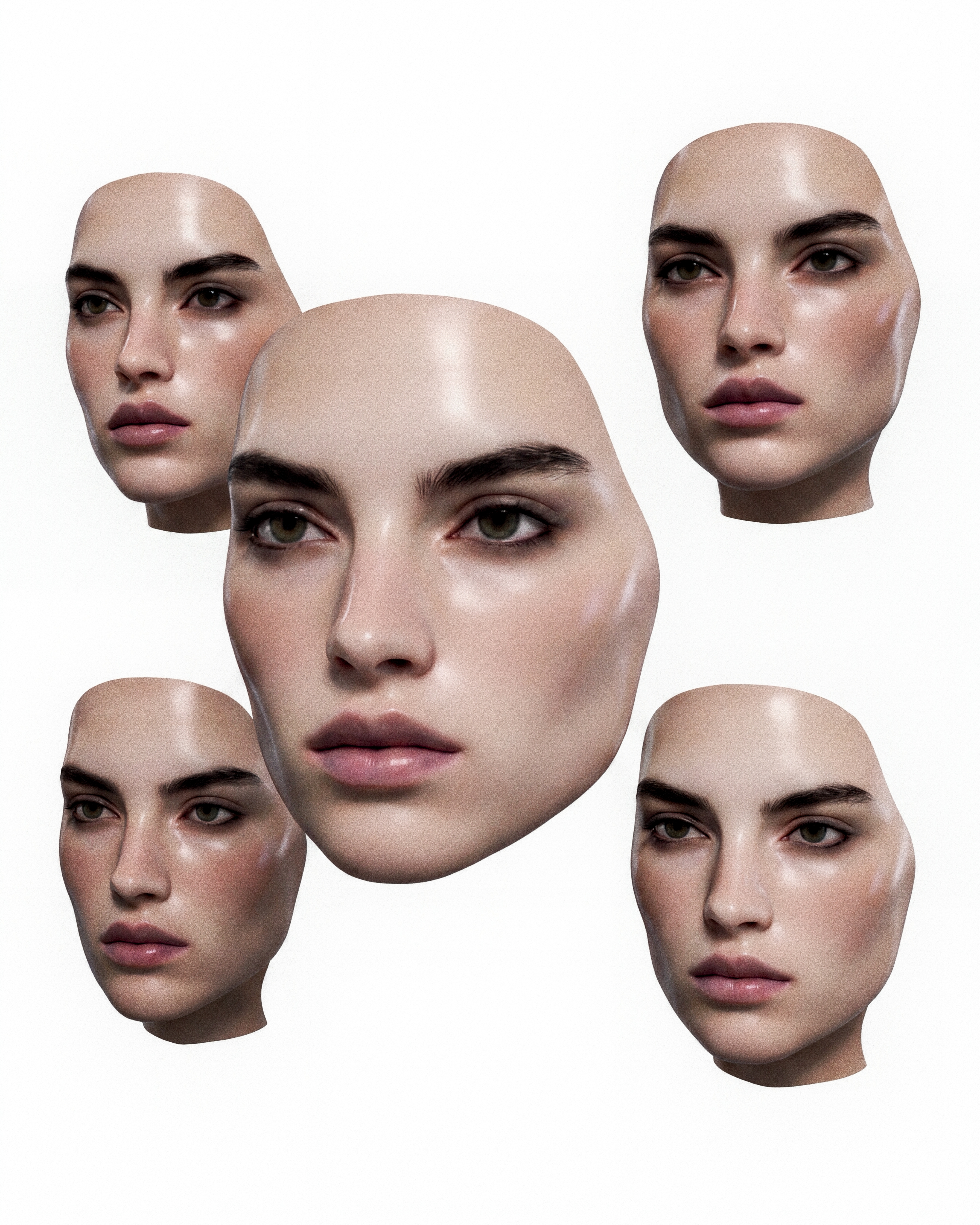 Five floating face studies arranged against a white field.