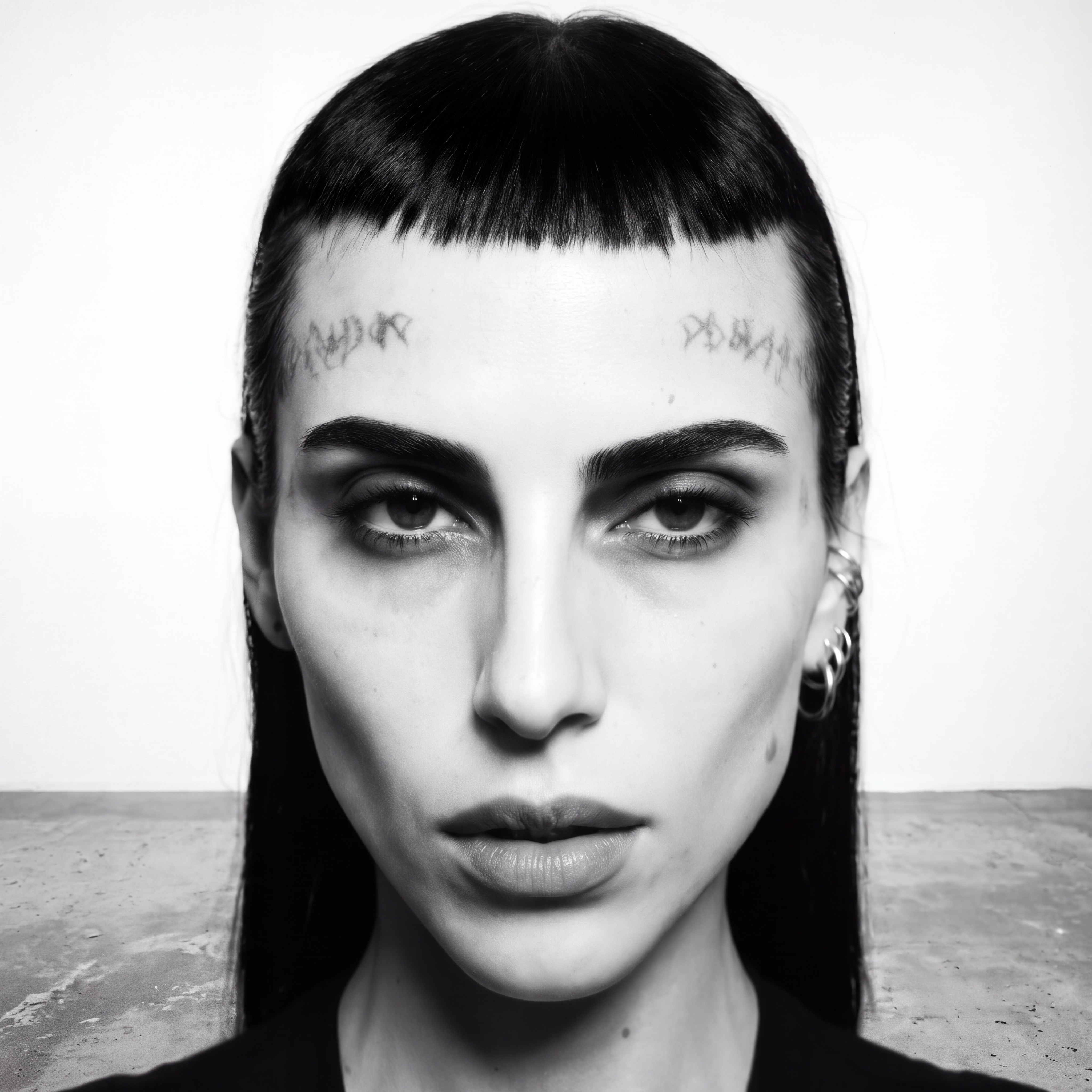 Black-and-white high-contrast beauty portrait of Langley Fox Hemingway with short blunt fringe and eyebrow markings.