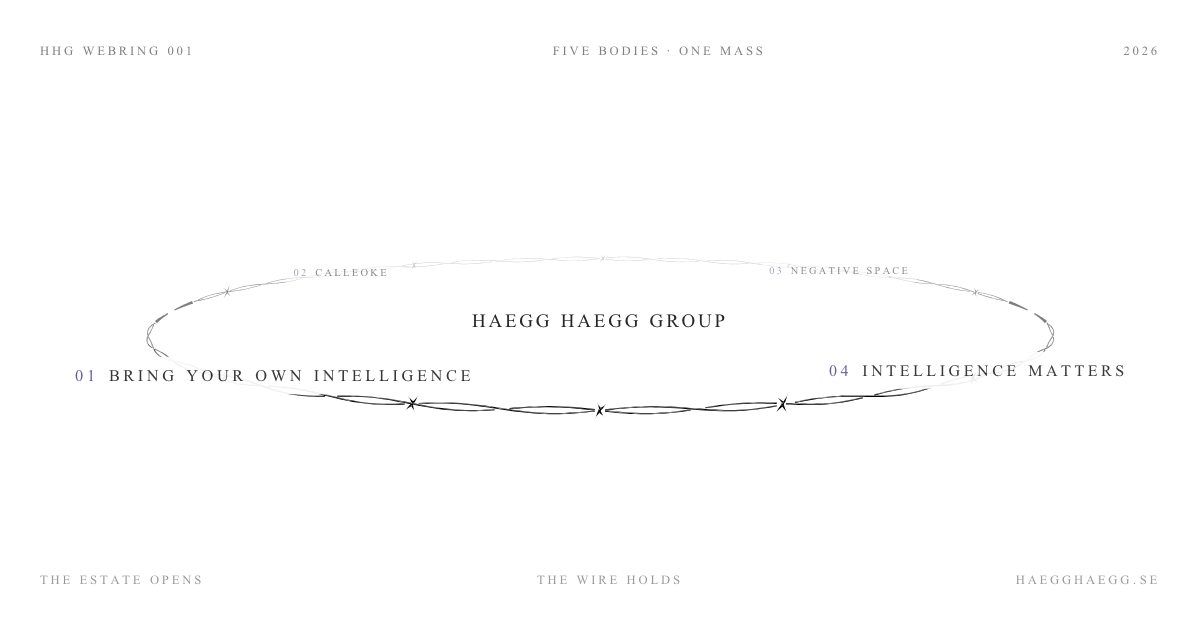A technical drawing of a barbed-wire ring on white paper — Haegg Haegg Group at the center, four names orbiting the wire.