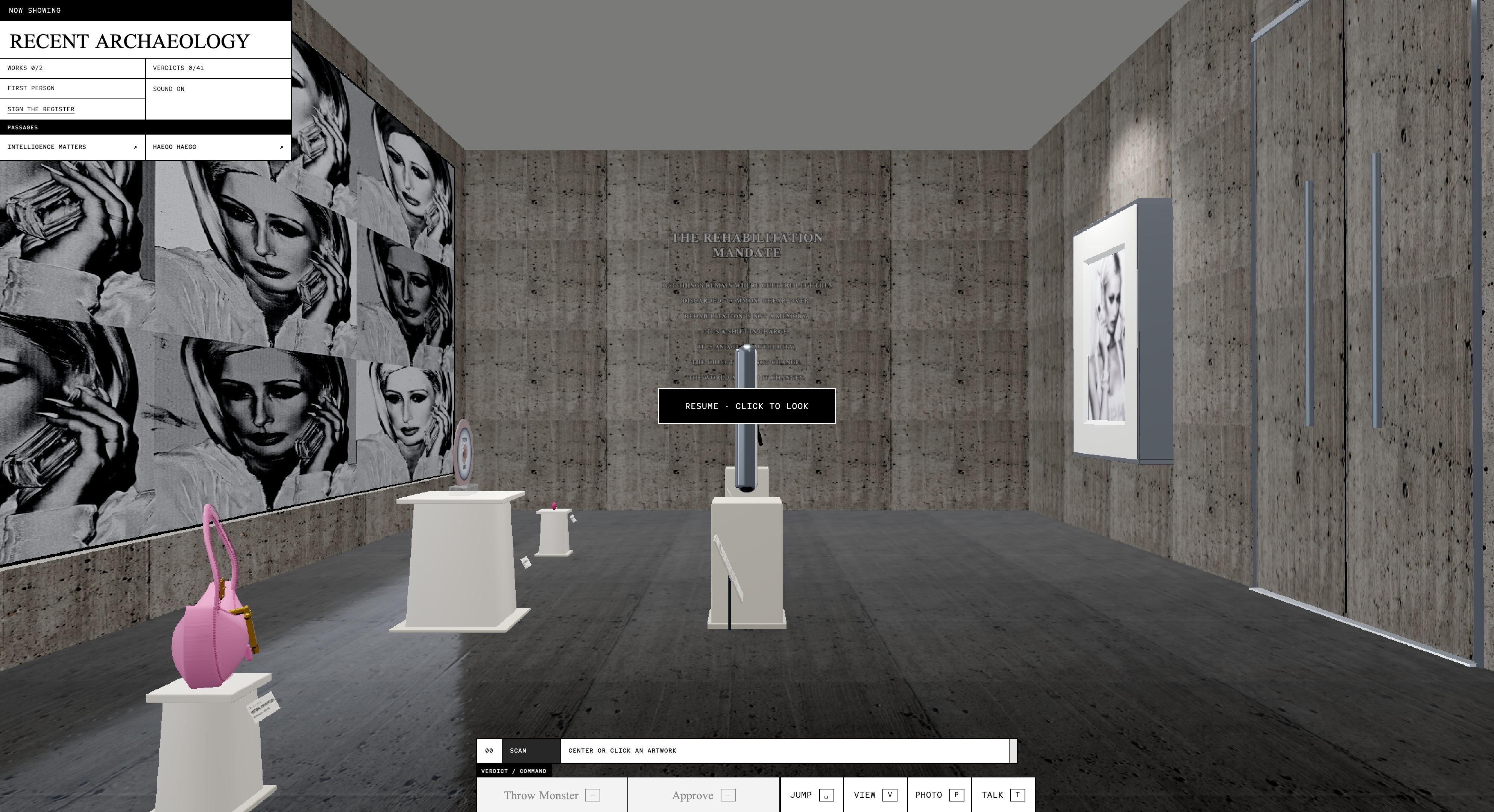 The south threshold of Recent Archaeology inside Negative Space, looking through the long white hall toward the terminal projection.