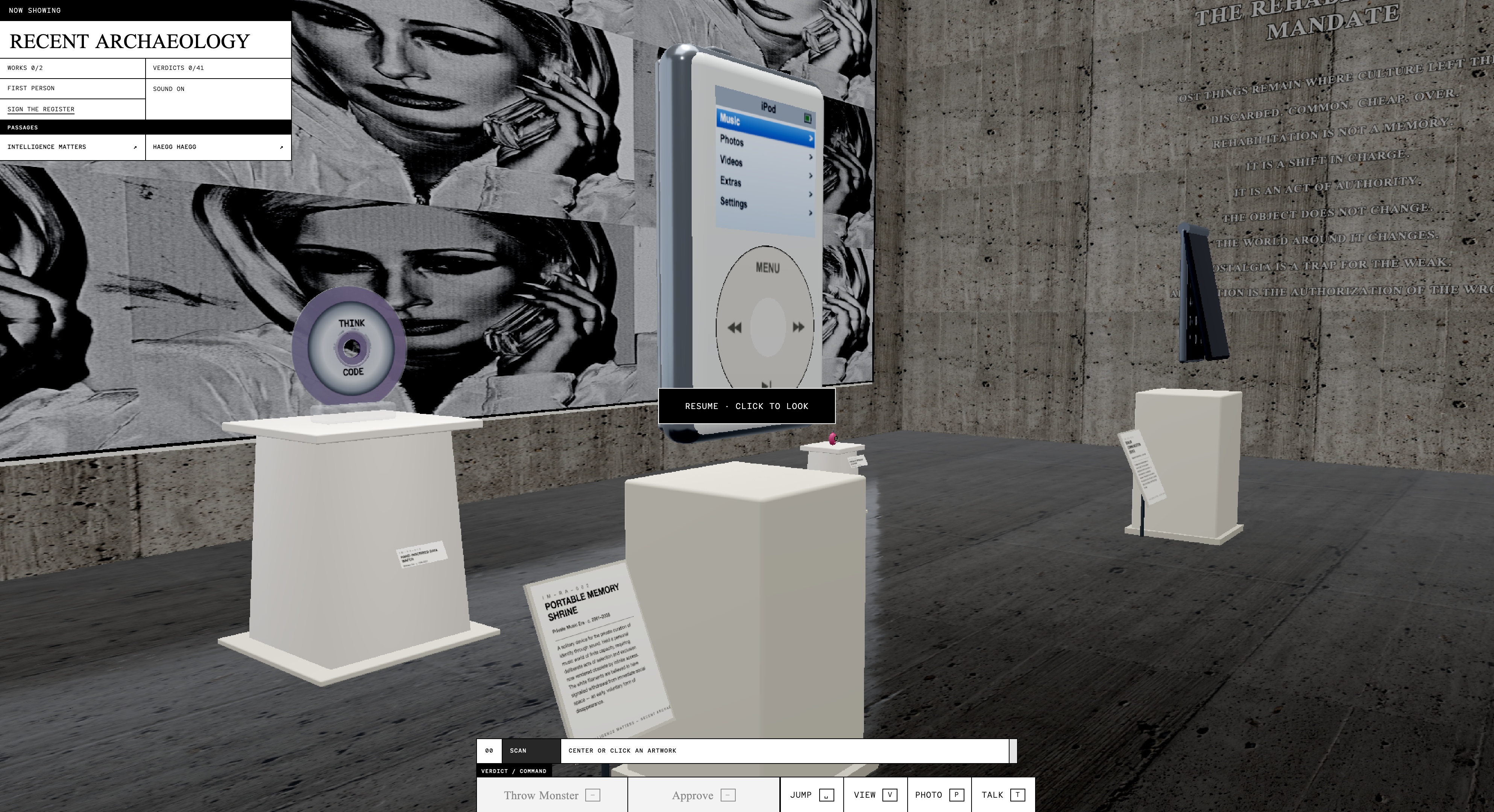 The central display in Recent Archaeology, with the Portable Memory Shrine and Writable Data Wafer held on museum plinths.