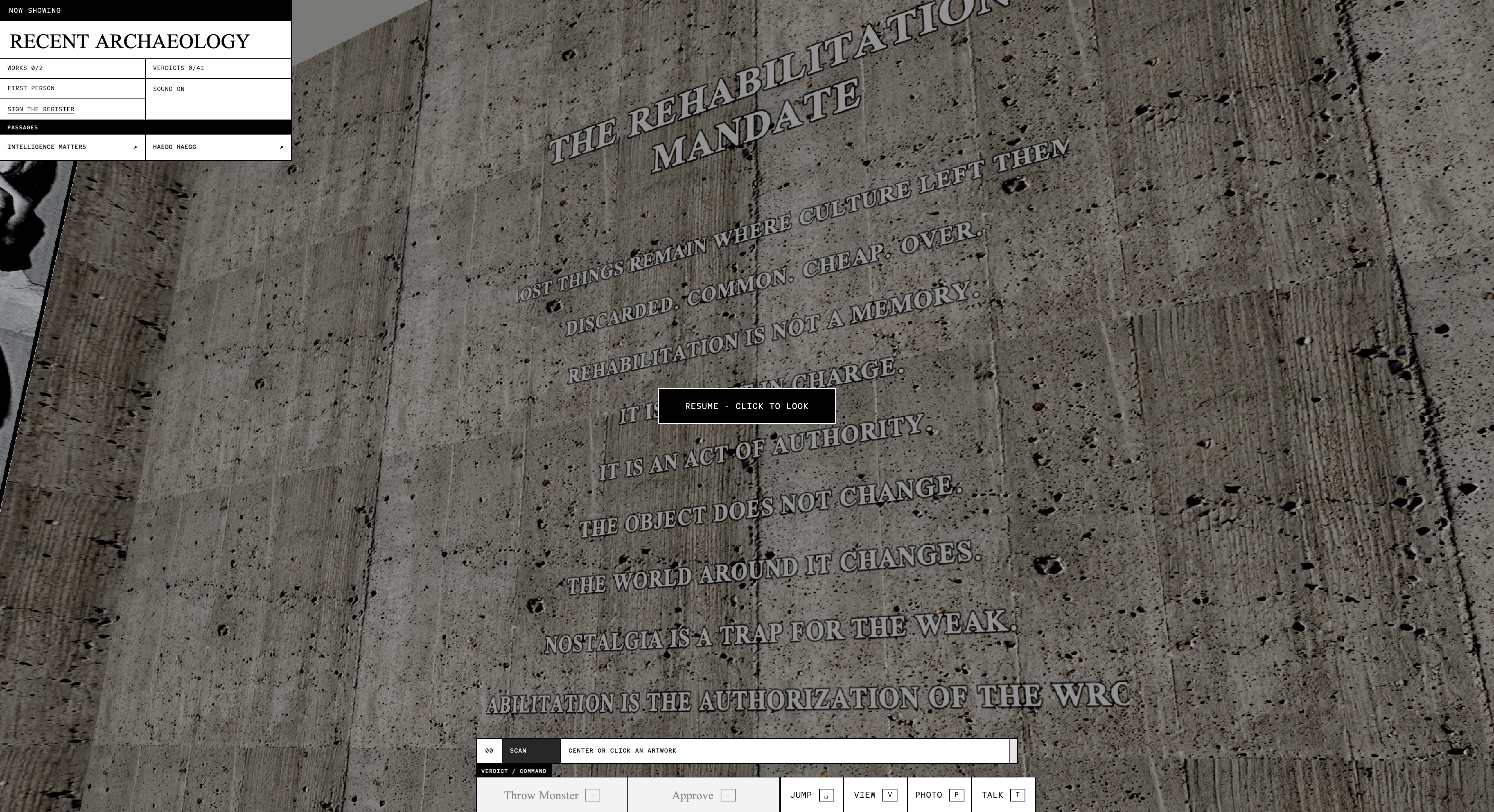 The north wall of Recent Archaeology, where The Rehabilitation Mandate is projected over an image of Rome.