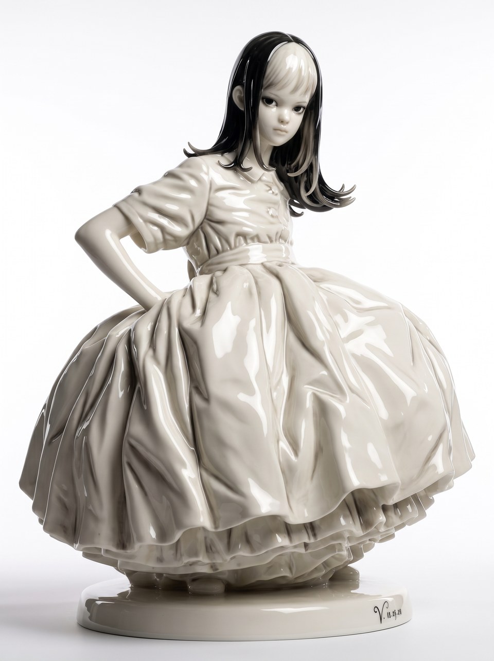 Glossy pale figurine in a voluminous dress, with black hair and a white fringe.
